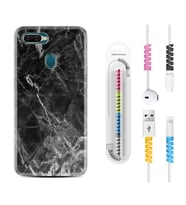 Oppo A5S A15 A16 A54 A55 A73 A74 Kılıf Kablo Koruma Spiral Silikon Kara Mermer 1375