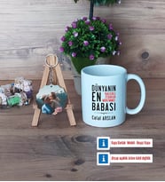 Babalar Günü Hediyesi Kupa Bardak Beyaz ve Fotoğraflı Ahşap Anahtarlık Hediye (Model 1)