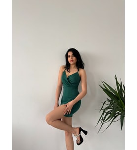 Kadın Askılı Sırt Çapraz Detay Kısa Yırtmaçlı Mini Krep Kumaş Elbise (Renkli)