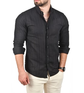 DeepSEA Erkek  Slim Fit %100 Pamuk Keten Gömlek Dar Kesim Dokulu Keten Gömlek 2501301 (Siyah)