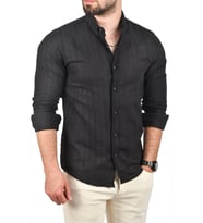 DeepSEA Erkek  Slim Fit %100 Pamuk Keten Gömlek Dar Kesim Dokulu Keten Gömlek 2501301 (Siyah)
