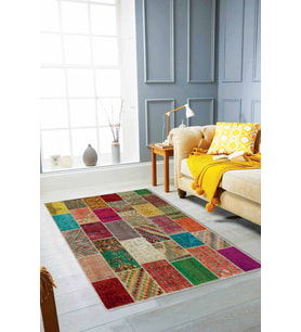 Çok Renkli Patchwork Kaymaz Tabanlı Dekoratif Halı RV221 - 100 x 160 cm