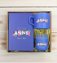 BK Gift Kişiye Özel İsimli DTF Anne Temalı Mavi Defter & Kahve Fincanı & Mum Hediye Seti-3, Anneye Hediye, Anneler Günü Hediyesi