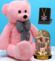 Büyük Boy Pembe Peluş Ayıcık, Kişiye Özel Fanus ve Gerçek Ametist Taşlı Lotus Kolye - Premium Set (Model 3)