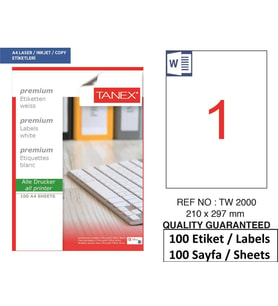 Tanex Lazer Etiket tw-2000 500 A4 Sayfa Laser Etiket 210 x21 297 mm Boyutunda 1 A4 Sayfada 1 Etiket