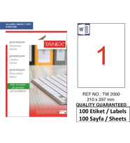Tanex Lazer Etiket tw-2000 500 A4 Sayfa Laser Etiket 210 x21 297 mm Boyutunda 1 A4 Sayfada 1 Etiket