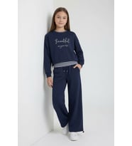 Bordo Kız Çocuk Çizgili Croplu Sweatshirt 3lü Geniş Paça Eşofman Takımı 24778