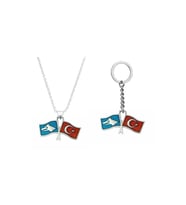 Türk Bozkurt İkili Bayrak Kolye Anahtarlık&Çanta Süsü 2 li Set (Gümüş)