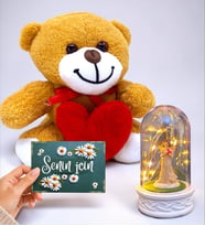 Muhteşem Hediye Seti Kalpli Sevimli Peluş Ayıcık, Senin İçin Kartı ve Led Işıklı Fanus (Model 7)
