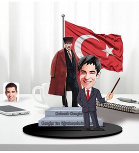 BK Gift Kişiye Özel Atatürk ve Erkek Öğretmen Temalı 2 Katmanlı Karikatürlü Ahşap Biblo- 4-3, Öğretmene Hediye, Öğretmenler Günü, 100. Yıl Hediyesi