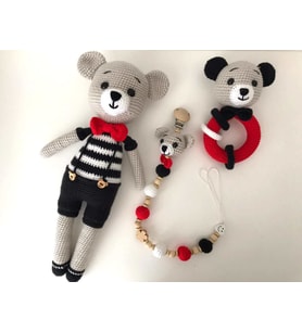 Yeni Doğan Papyonlu Ayıcık Seti Amigurumi Organik Oyuncak