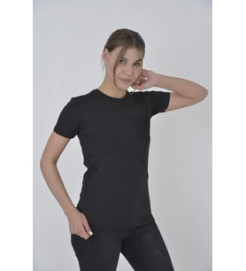 Kadın File Cepli T-Shirt Kısa Kol Bisiklet Yaka Slimfit Tişört - Siyah