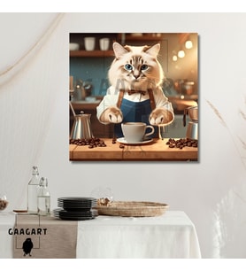 Kare Kanvas Kahve Köşesi Cafe Tablosu Barista Ragdoll Kedisi