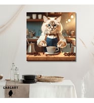 Kare Kanvas Kahve Köşesi Cafe Tablosu Barista Ragdoll Kedisi