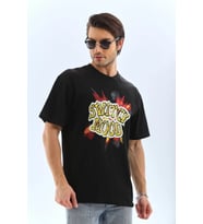 pilelistore- Unisex Oversize Baskılı Bisiklet Yaka T-Shirt - Siyah