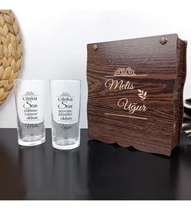 Kişiye Özel Ahşap Hediye Kutusu İçinde İkili Rakı Bardağı Seti