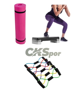 Fitness Set Step Tahtası + Pilates Direnç Bandı + 10 mm Kalın Spor Matı Seti – Evde Spor İçin İdeal (Pembe)