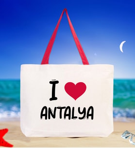 BK Gift I Love Antalya Renkli Kulp Kanvas Plaj Çantası 48x40m, Baskılı Omuz Çantası, Alışveriş Çantası (Kırmızı)