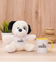 Kişiye Özel Minik Serçe İsim Yazılı Peluş Köpek ve Sarı Kupa