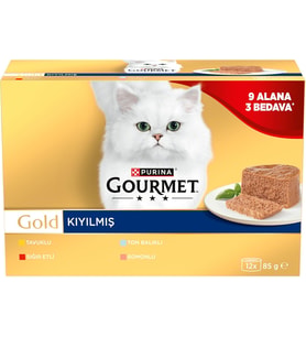 Gold Kıyılmış Tavuk Etli, Somonlu, Sığır Etli, Ton Balıklı Yaş Kedi Maması Multipack 85 gr. (12 Al 9 Öde)