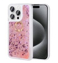 iPhone 15 Pro Max Kılıf Sıvılı Simli Pullu Yüzüklü Standlı Lüx Silikon (Pembe)