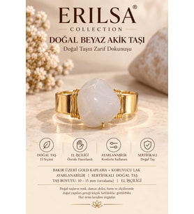Sertifikalı Beyaz Akik Taşı Yüzük Gold Kaplama Bakır Kasa Ayarlanabilir El İşçiliği