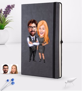 BK Gift Kişiye Özel Sevgililer Karikatürlü Siyah Termo Deri Defter 16x24cm Model 100