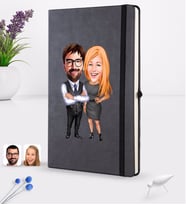 BK Gift Kişiye Özel Sevgililer Karikatürlü Siyah Termo Deri Defter 16x24cm Model 100