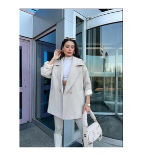 Balıksırtı Desenli Oversize Ceket – Ekru