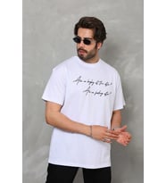 Erkek Kısa Kol Yazlık Tişört Bisiklet Yaka Baskılı Oversize T-Shirt - Beyaz