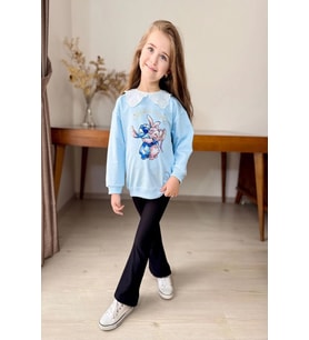 Yaka Detaylı Stitch Desenli Mavi Renk Kız Çocuk Takım