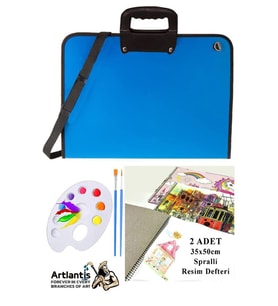 Resim Çantası 35x50 cm Resim Defteri Palet Fırça Seti 1 Paket Mavi Resim Proje Çantası Fermuarlı Kulplu 37x54 cm