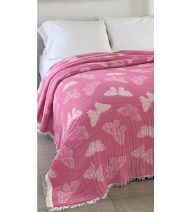 Kelebek Desen 4 Katlı Müslin Pike Yatak Örtüsü Battal Boy 240x260 cm Pembe%100 Pamuk