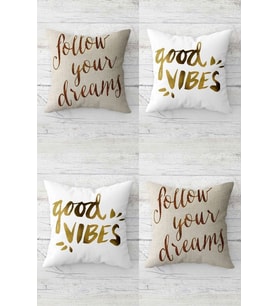 Follow Your Dreams Good Vibes Gizli Fermuarlı Kırlent Kılıfı Koltuk Yastık Kılıfı Takım(4adet) (Bej)