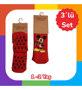 3lü *Micky Mouse* Pamuklu Çorab *12-24 aylık bebekler için*Kırmızı