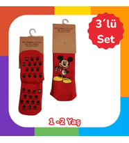 3lü *Micky Mouse* Pamuklu Çorab *12-24 aylık bebekler için*Kırmızı