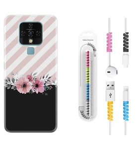 Tecno Camon 16 18P Pova 3 Pova Neo Kılıf Kablo Koruma Spiral Silikon Strip Pink Flowers 1396
