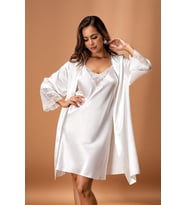 5336 -Kadın Kutulu Yaka ve Kol Dantel Detaylı Çeyizlik Saten Kimono Takım (Ekru)