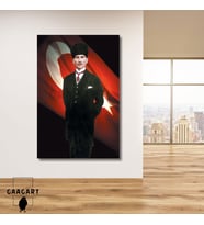 Tekli Dikey Kanvas Duvar Tablosu Türk Bayrağı ve Atatürk