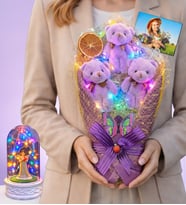 Kişiye Özel Renkli Led Işıklı Mor Ayıcık Buketi (Renkli Işıklı Melekli Fanus Hediyeli) (Model 5)