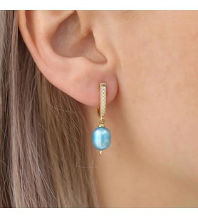 925 Ayar Gümüş Taş Detaylı Barock Ocean Blue Tatlısu İncisi Küpe-8mm (Gold)