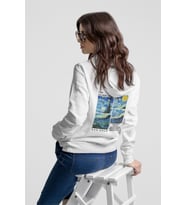 Unisex Oversize Hoodie – Van Gogh Starry Night Baskılı Kapüşonlu Sweatshirt, Rahat Kalıp (Beyaz)