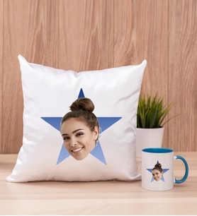 Kişiye Özel Mavi Yıldız Kafa Fotoğraflı Kare Yastık ve Mavi Kupa