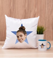 Kişiye Özel Mavi Yıldız Kafa Fotoğraflı Kare Yastık ve Mavi Kupa