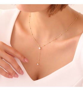925 Ayar Gümüş Top Zincirli Tektaş Kolye Kolye (Gold)