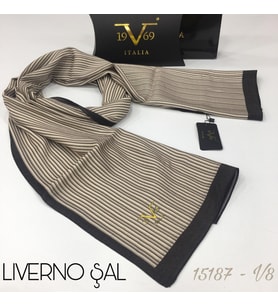 Çizgili Desen Livorno Seri Şal Eşarp Askısı ile Birlikte 75x200 cm Vizon-75x200
