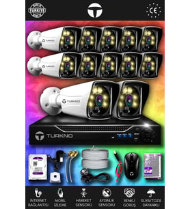 TURKNO 12 Kameralı Karie 12 Dış Kamera Set 2 TB HDD Full HD Renkli Gece Görüşlü Güvenlik Kamerası Sistemi