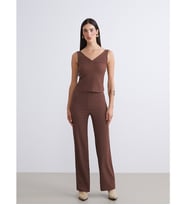 LCW Vision Kahverengi Beli Lastikli Dokulu Geniş Paça Kadın Pantolon