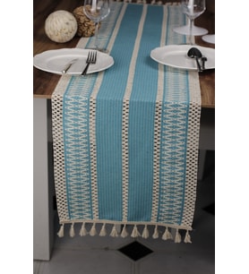Pamuk Örme Püsküllü Dantel Runner Organik Pamuk Turkuaz Runner  35x145 Cm Runner Sunum Örtüsü (Lacivert)