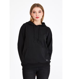 Metalic Kadın Siyah Kapüşonlu Basic Örme Sweatshirt